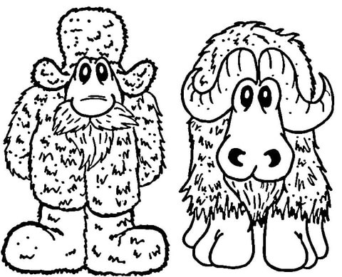 Funny Human And Yak  Coloring Page